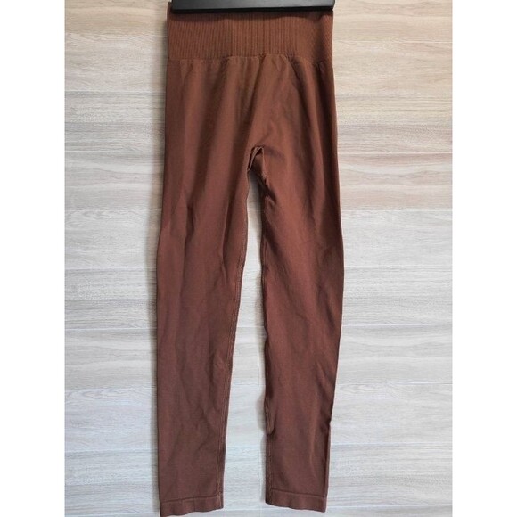 Rust Ribbed Leggings XS High Waist Ruched Back Stretchy Athleisure Pants - Picture 2 of 7